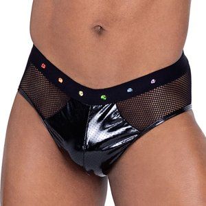 Rainbow Studded Fishnet and Vinyl Briefs - Black